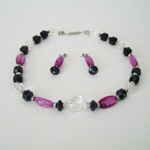 Necklace & Earrings Set Purple-Pink, Clear and Black Beads Diamante Spacers